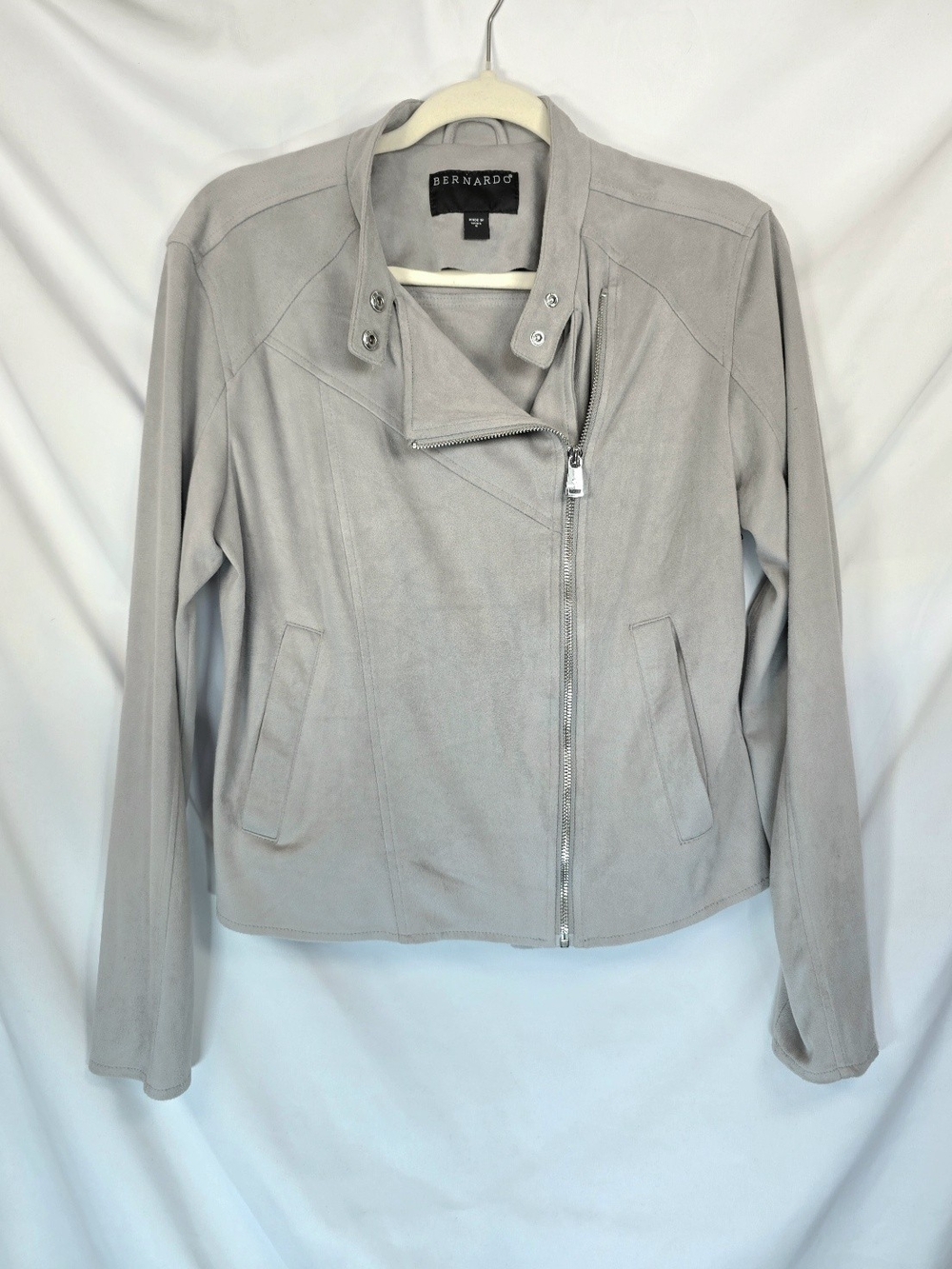 Bernardo Womens Stone Gray Moto Jacket Sz S Brushed Faux Suede Asymmetric Zip